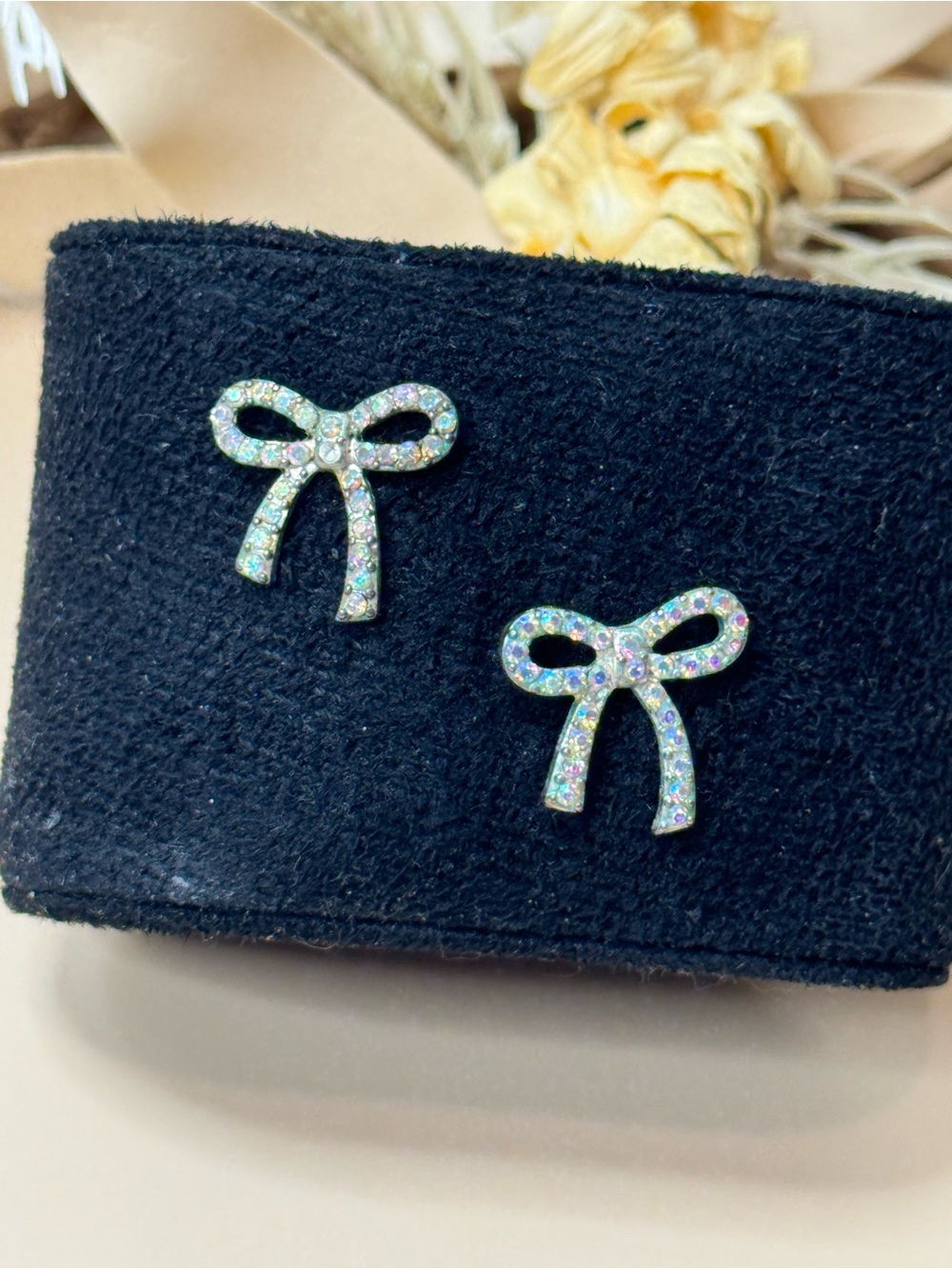Rhinestone Bow Stud Earrings Silver Tone Sparkly Ribbon Statement